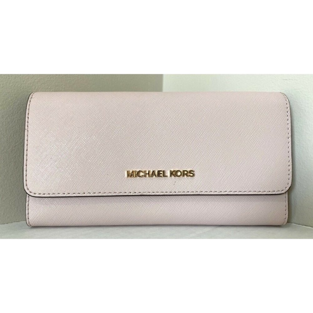 New Michael Kors Jet Set Travel Large Trifold Wallet Leather Powder Blush